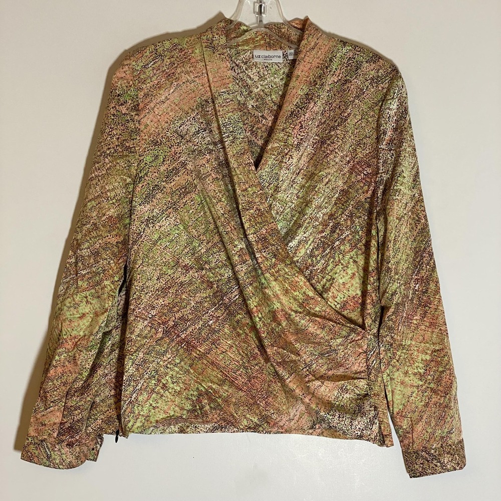 Liz Claiborne Blouse Womens Petite Large Multicolor Abstract Wrap‎ Top Shirt